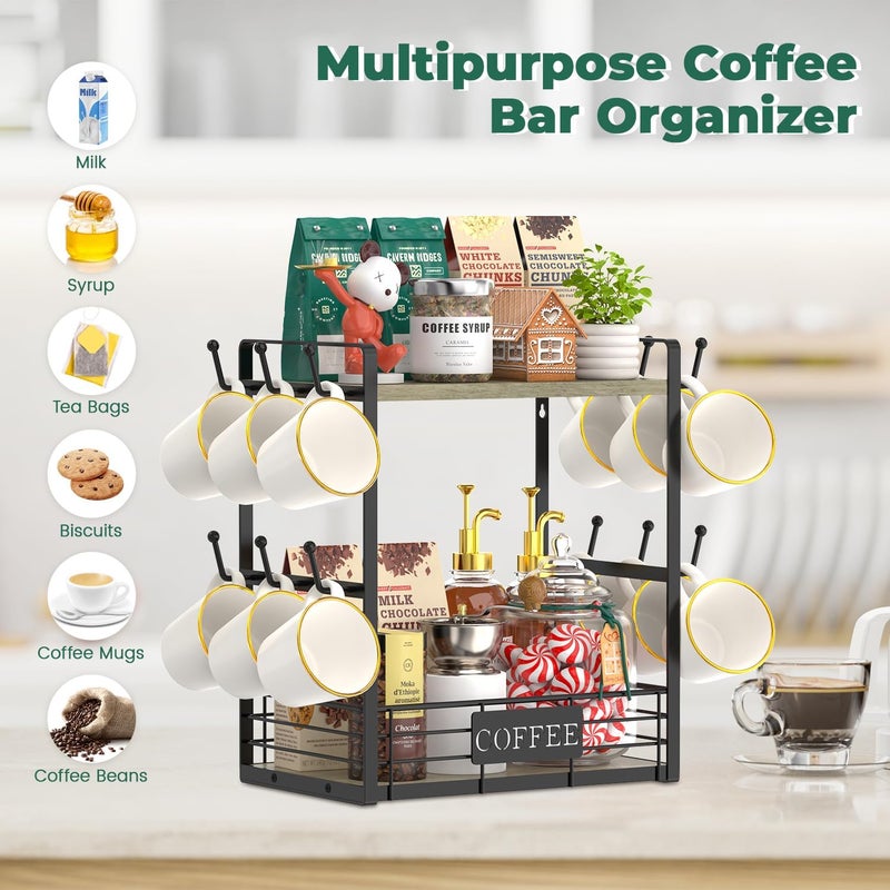 EsLuker.ly Coffee Mug Cup Holder Stand Bar Station Organizer for Countertop, Multi-Functional 2 Tier Mug Tree Rack for Kitchen, Storage Shelf with 12 Hooks, Grey Oak-Black(Patented Design) - Image 4